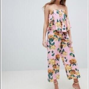 ASOS Bandeau Jumpsuit Pink Floral Drape Detail Wide Leg Crop Pant